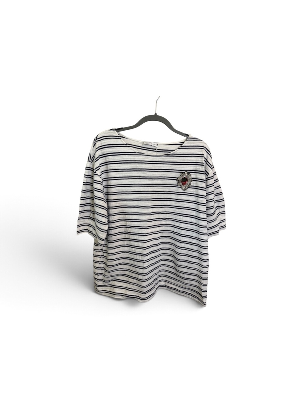 Violeta by Mango XL Navy Striped Top Rhinestone Brooch Preppy Nautical